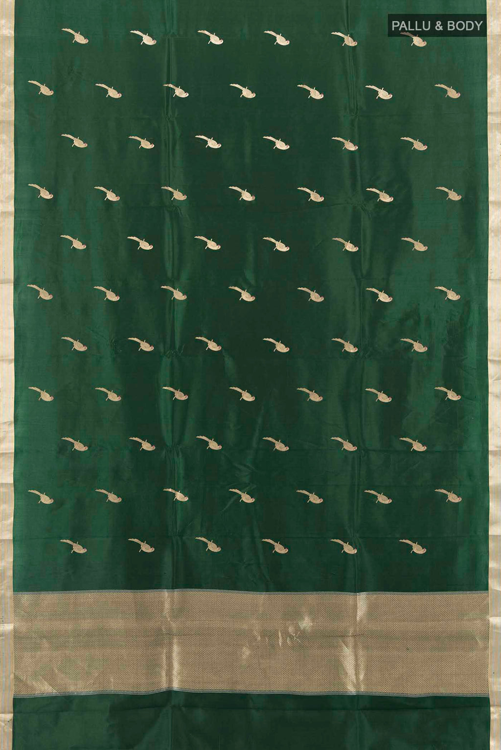 Flat view of Bottle Green Banarasi Katan Silk Saree with Zari Butta on the body and Silk Border. 