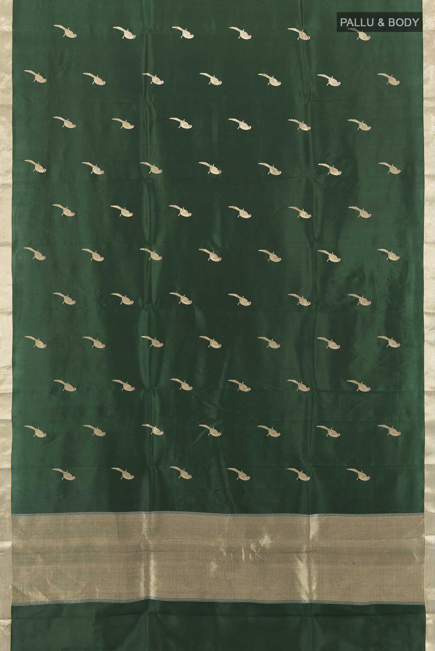 Flat view of Bottle Green Banarasi Katan Silk Saree with Zari Butta on the body and Silk Border. 