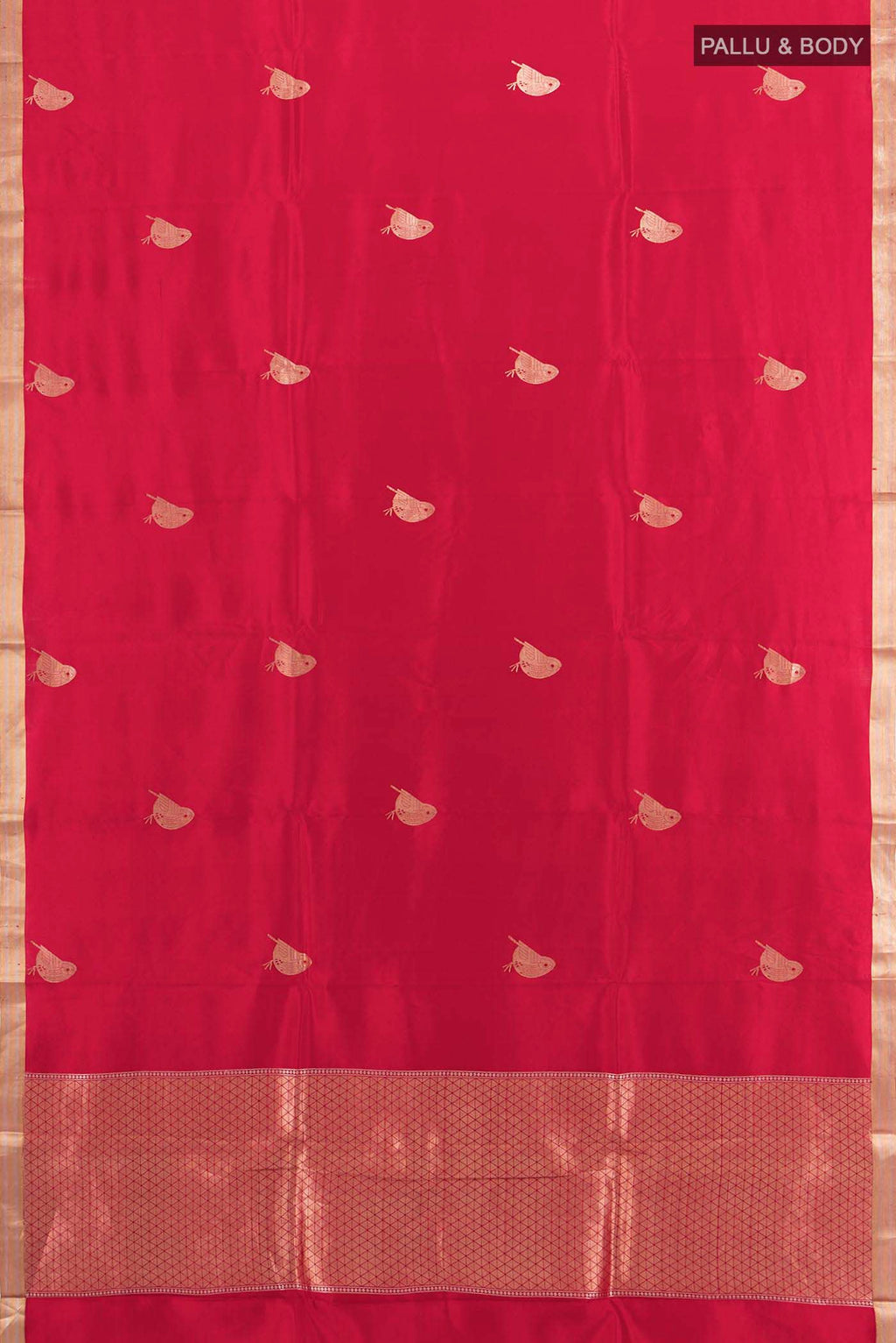 Flat view of Red Banarasi Katan Silk Saree with Zari Butta on the body and Silk Border. 
