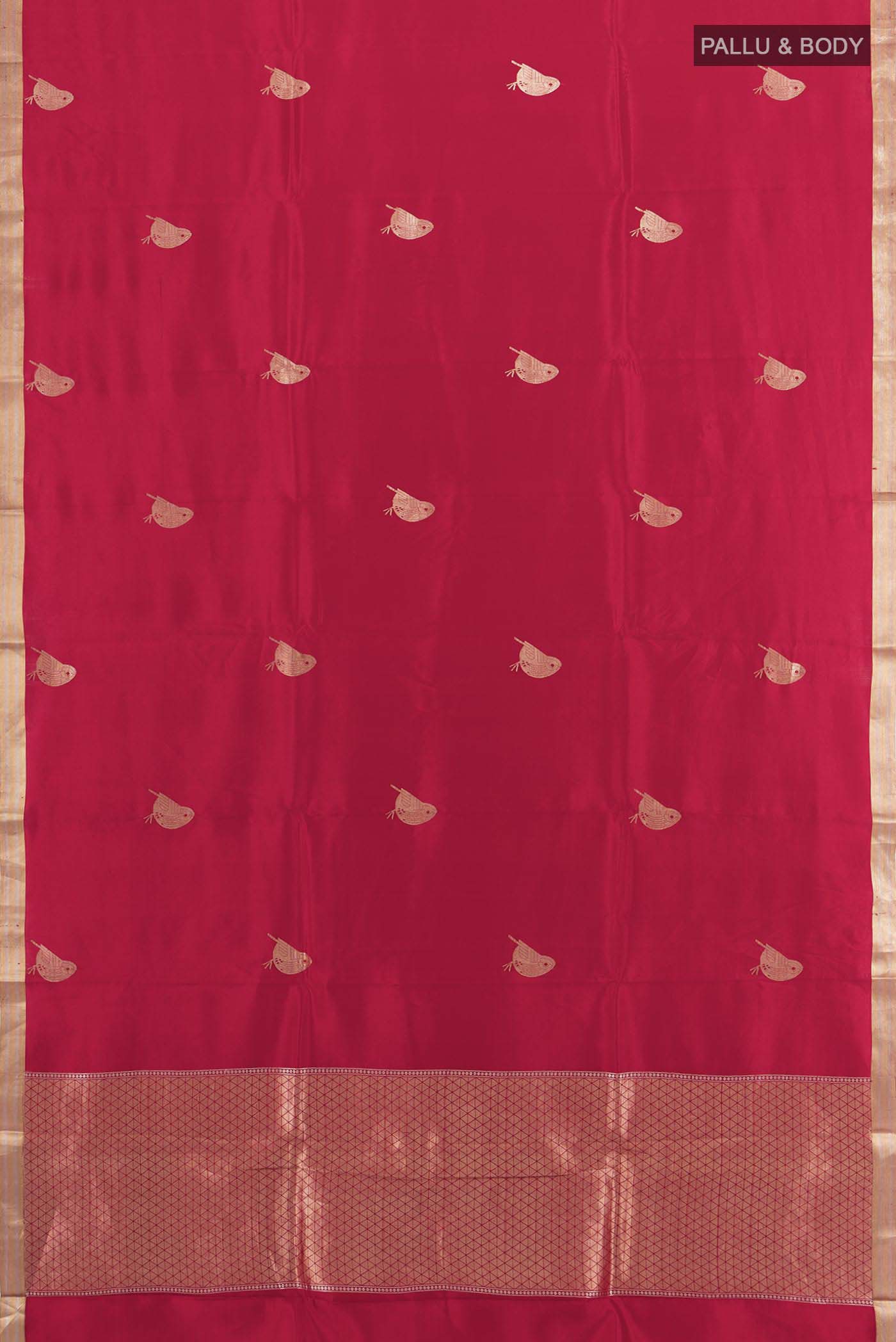 Flat view of Red Banarasi Katan Silk Saree with Zari Butta on the body and Silk Border. 