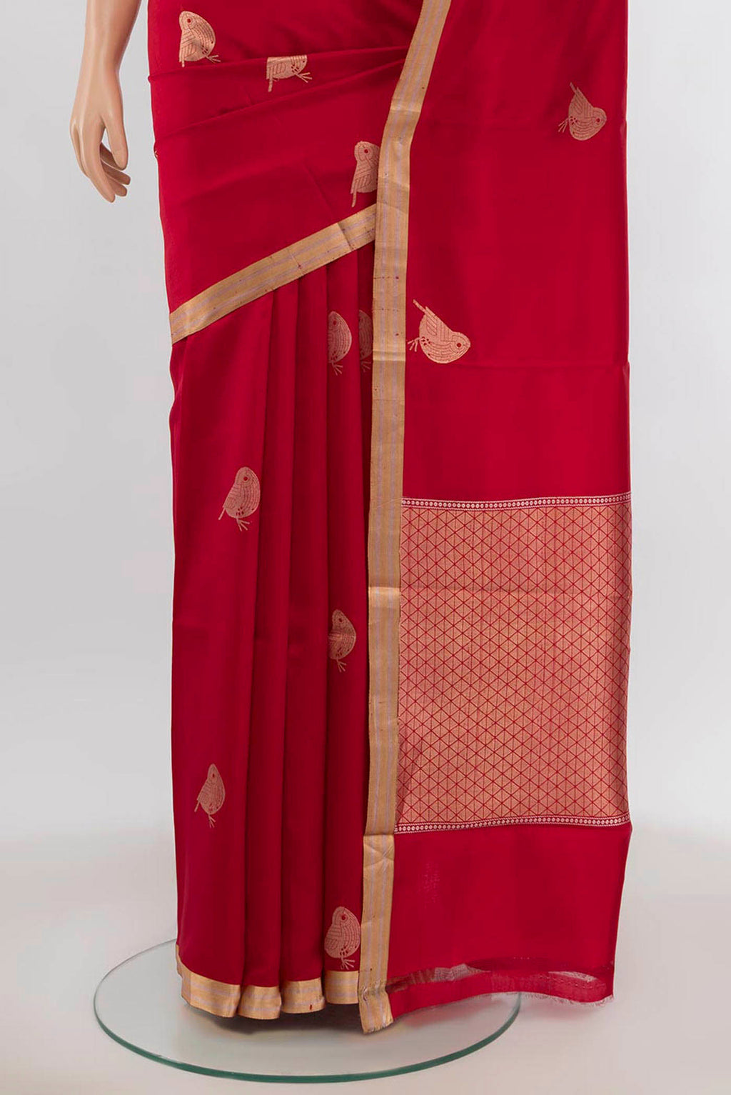 Pleats and pallu of Red Banarasi Katan Silk Saree with Zari Butta on the body and Silk Border. 