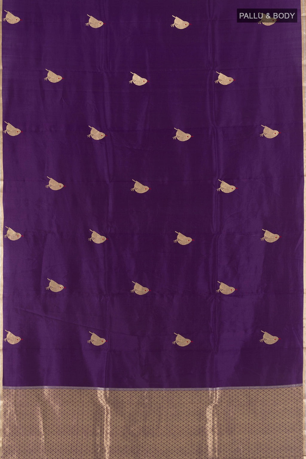 Flat view of Violet Banarasi Katan Silk Saree with Zari Butta on the body and Zari Border. 