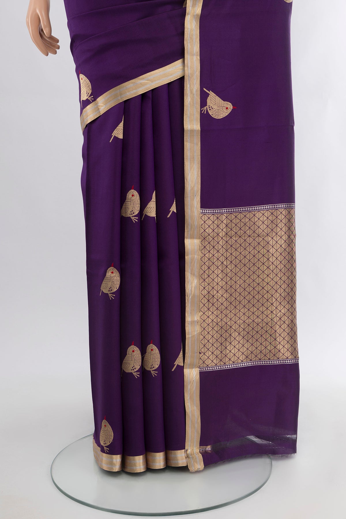 Pleats and pallu of Violet Banarasi Katan Silk Saree with Zari Butta on the body and Zari Border. 