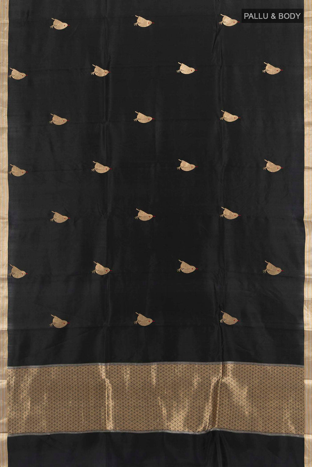 Flat view of Black Banarasi Katan Silk Saree with Zari Butta on the body and Silk Border. 