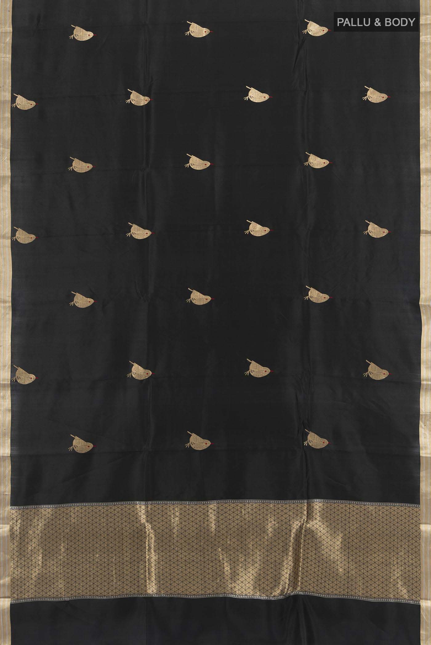 Flat view of Black Banarasi Katan Silk Saree with Zari Butta on the body and Silk Border. 