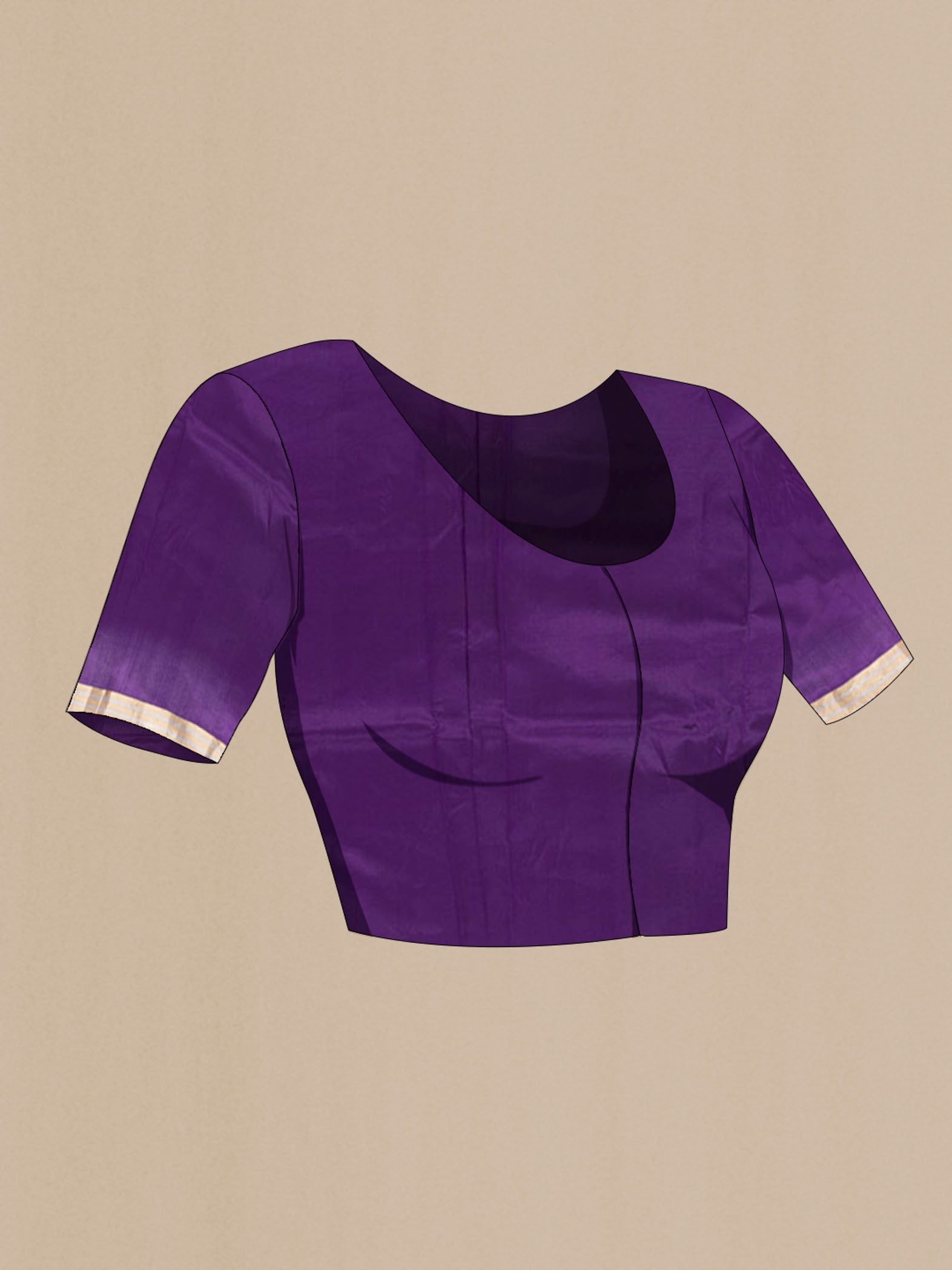 Close up image of the blouse of Violet Banarasi Katan Silk Saree with Zari Butta on the body and Silk Border. 