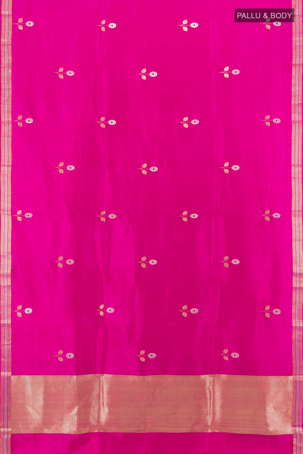 Flat view of Rani Pink Banarasi Katan Silk Saree with Zari Butta on the body and Silk Border. 