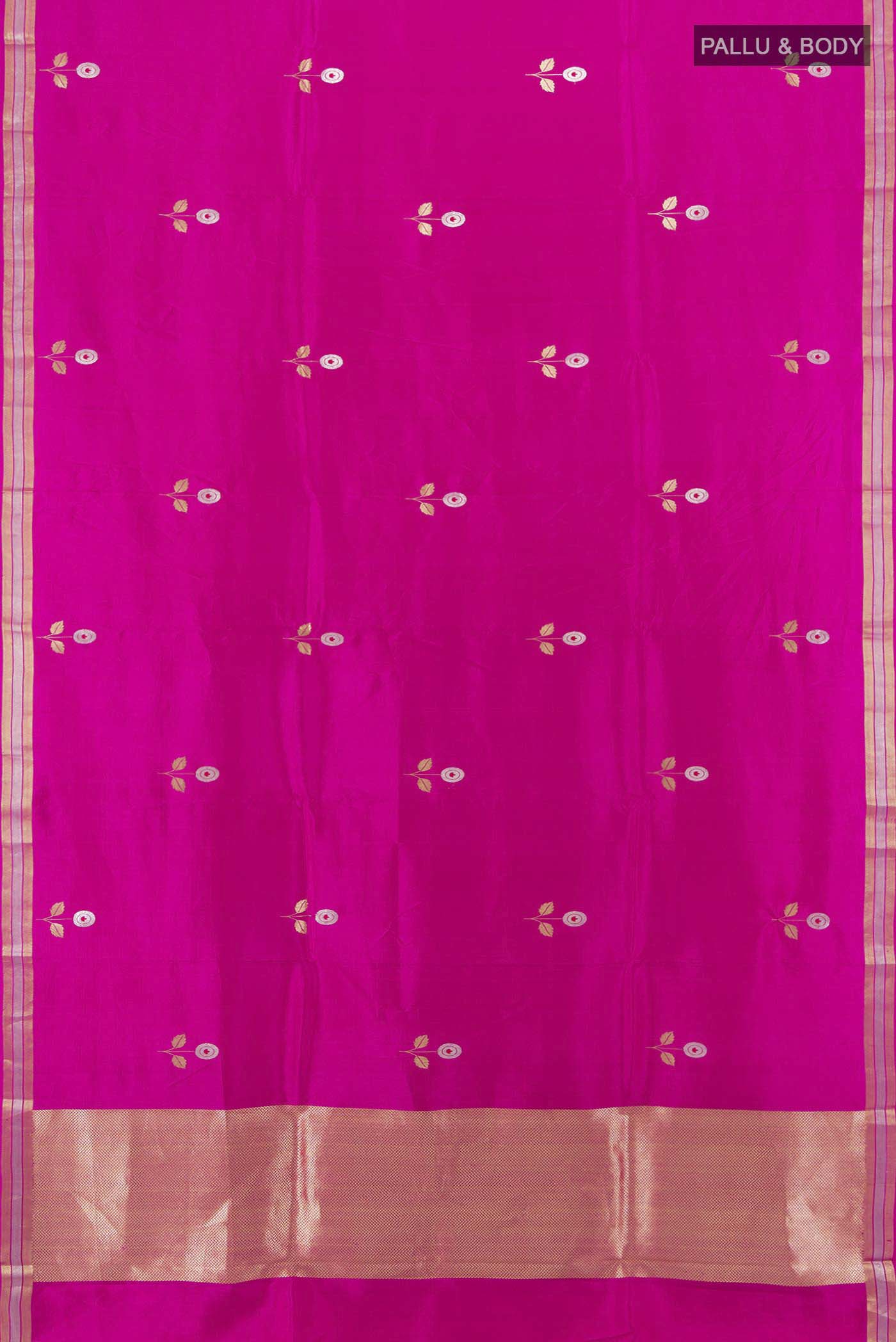 Flat view of Rani Pink Banarasi Katan Silk Saree with Zari Butta on the body and Silk Border. 