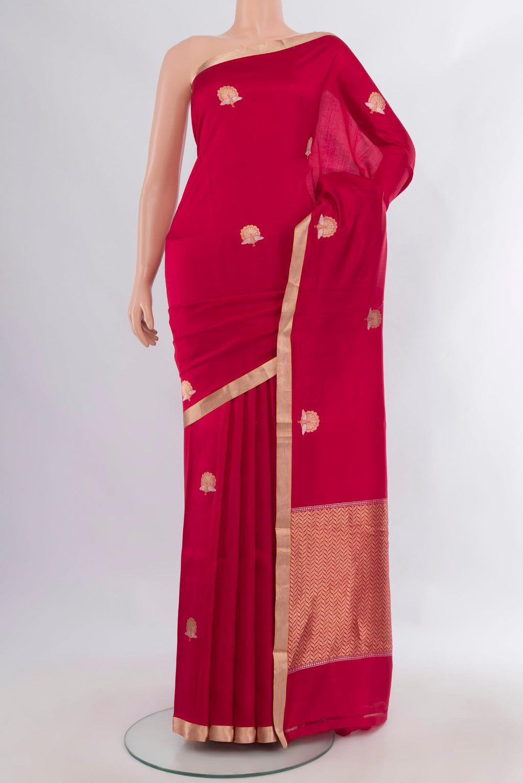 Pure Silk Red Banarasi Katan Saree with Zari Butta on the body and Zari Border.  displayed on a mannequin