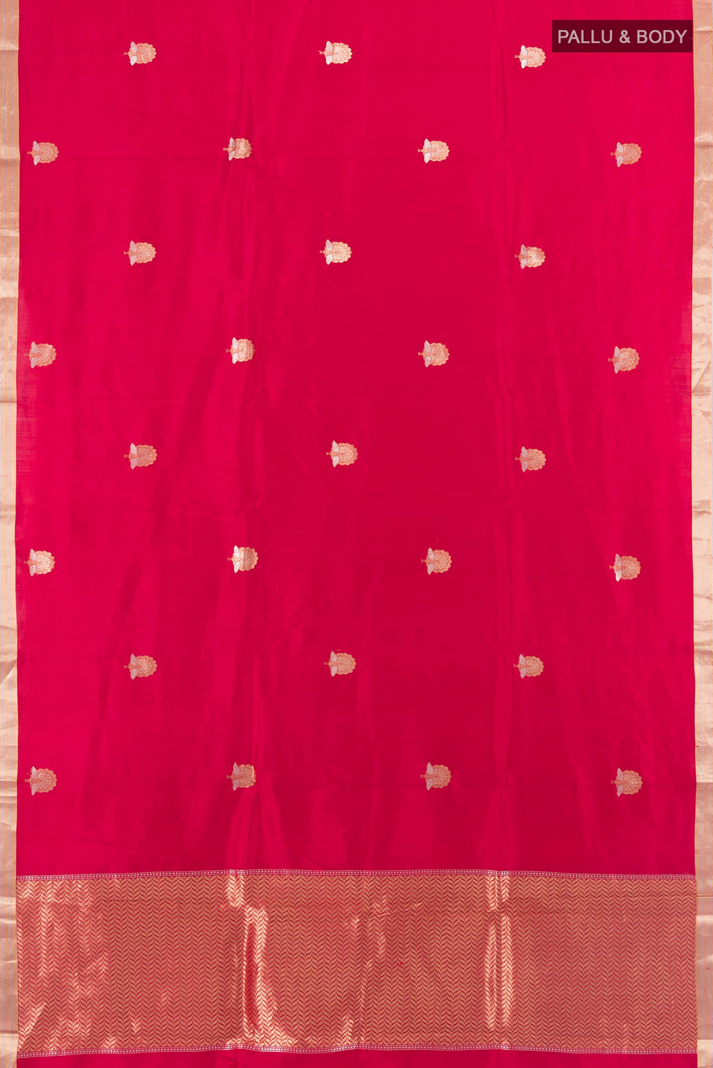 Flat view of Pure Silk Red Banarasi Katan Saree with Zari Butta on the body and Zari Border. 