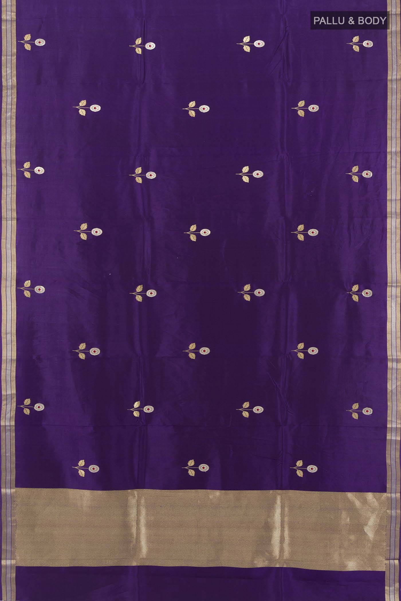 Flat view of Violet Banarasi Katan Silk Saree with Zari Butta on the body and Silk Border. 