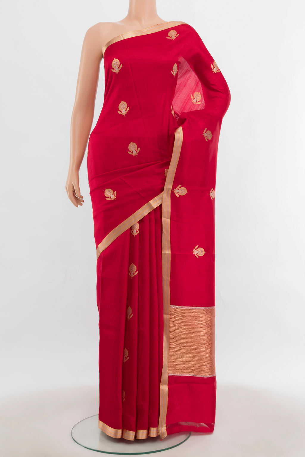 Red Banarasi Katan Silk Saree with Zari Butta on the body and Silk Border.  displayed on a mannequin