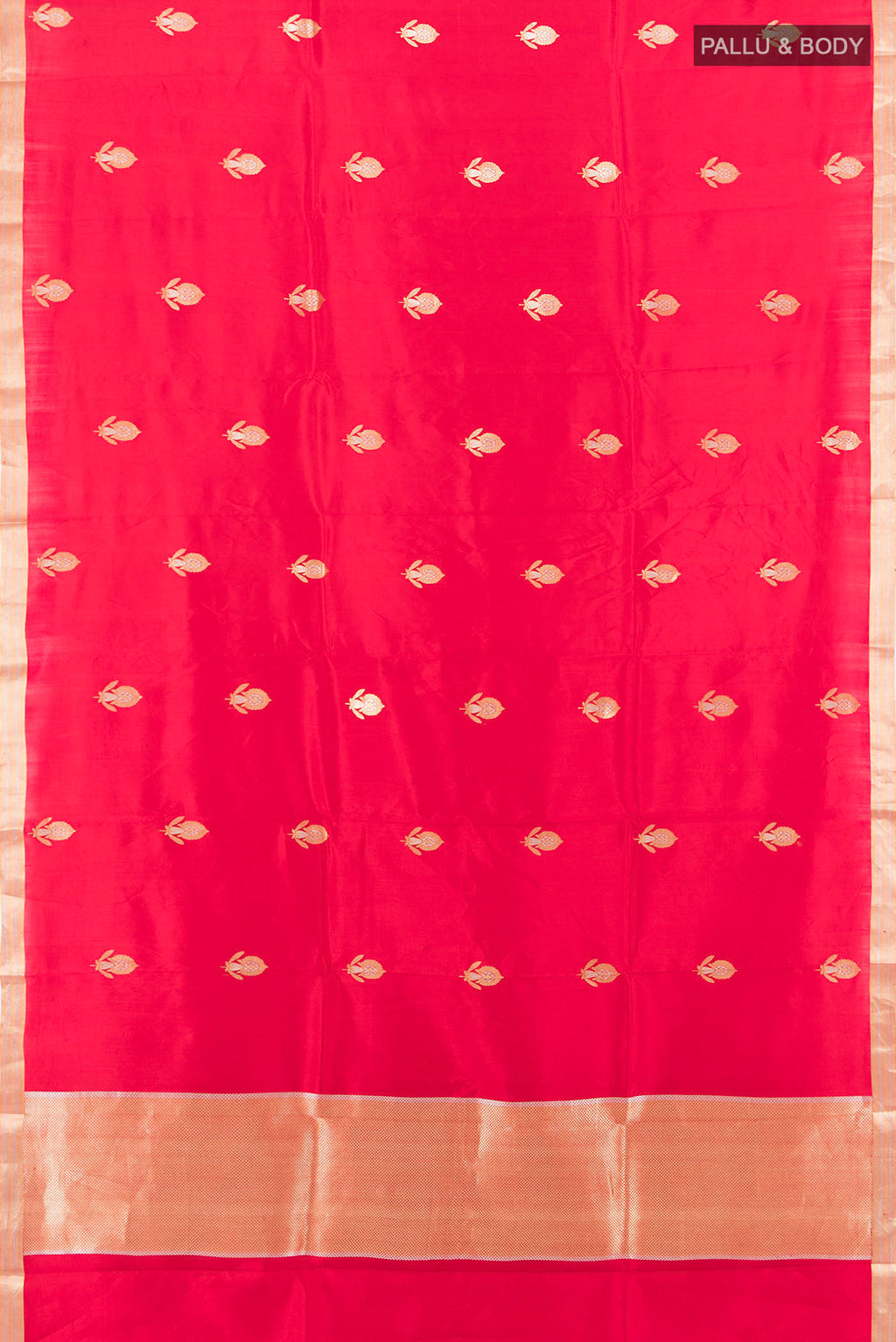 Flat view of Red Banarasi Katan Silk Saree with Zari Butta on the body and Silk Border. 