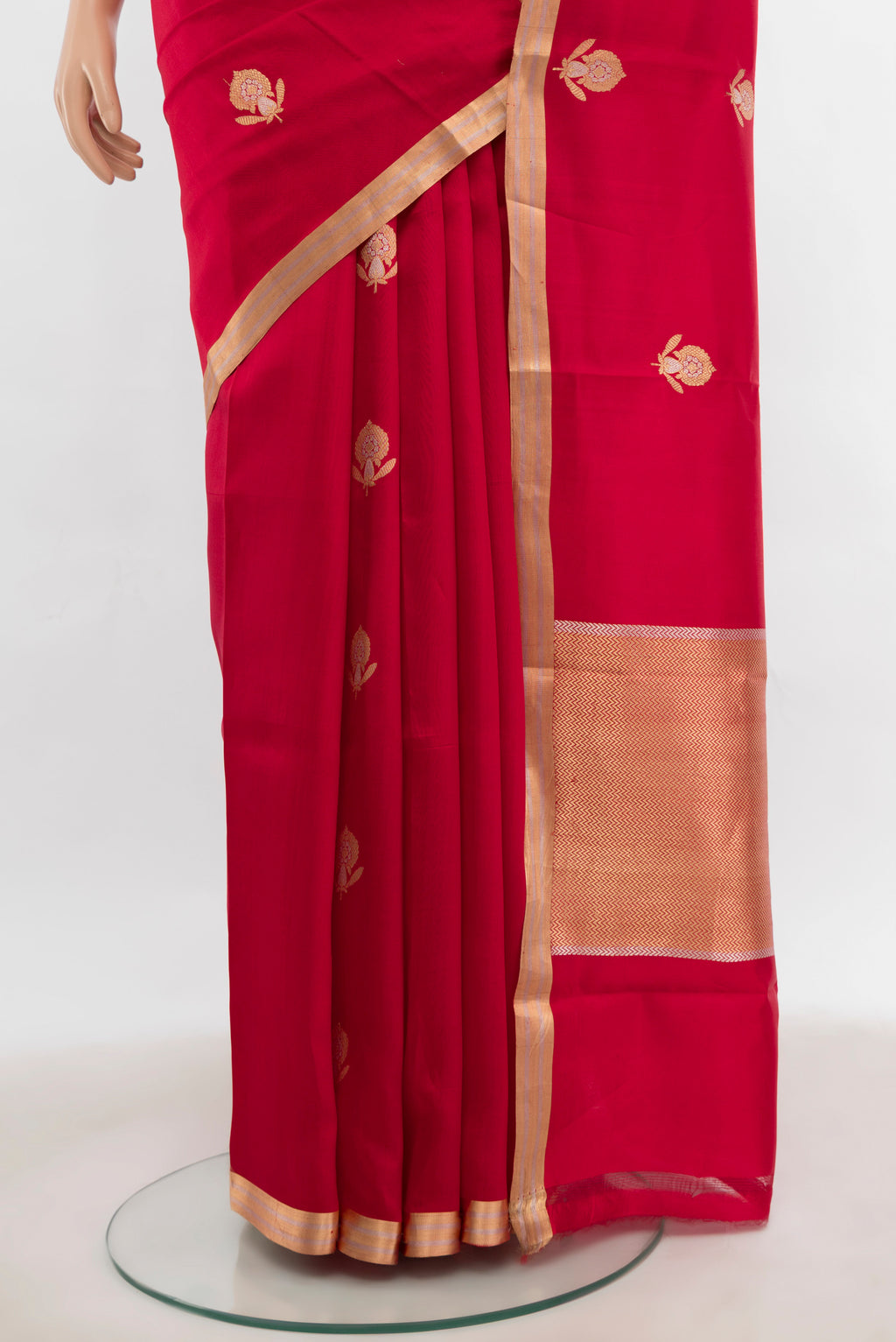 Pleats and pallu of Red Banarasi Katan Silk Saree with Zari Butta on the body and Silk Border. 