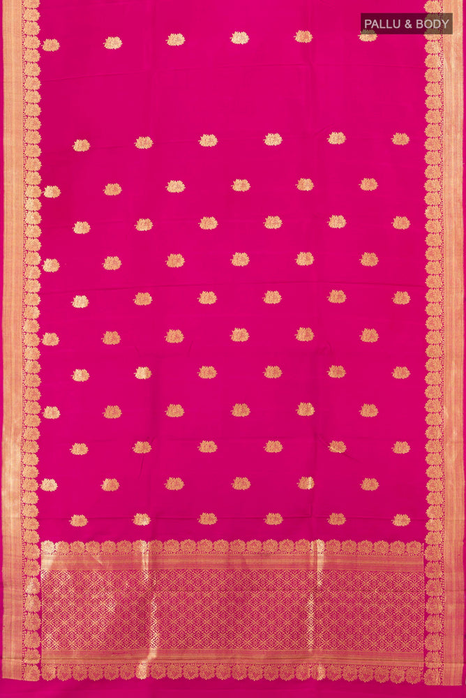 Flat view of Pure Silk Pure Zari Dark Pink Banarasi Katan Saree with Zari Butta on the body and Silk Border. 