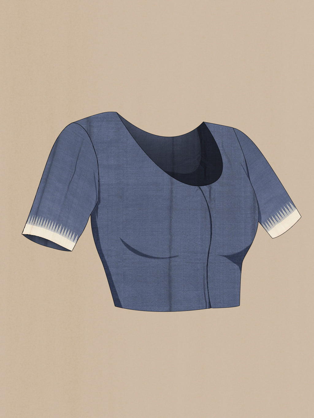 Close up image of the blouse of Navy Blue Tussar Silk Saree with Plain Body and Temple Border. 
