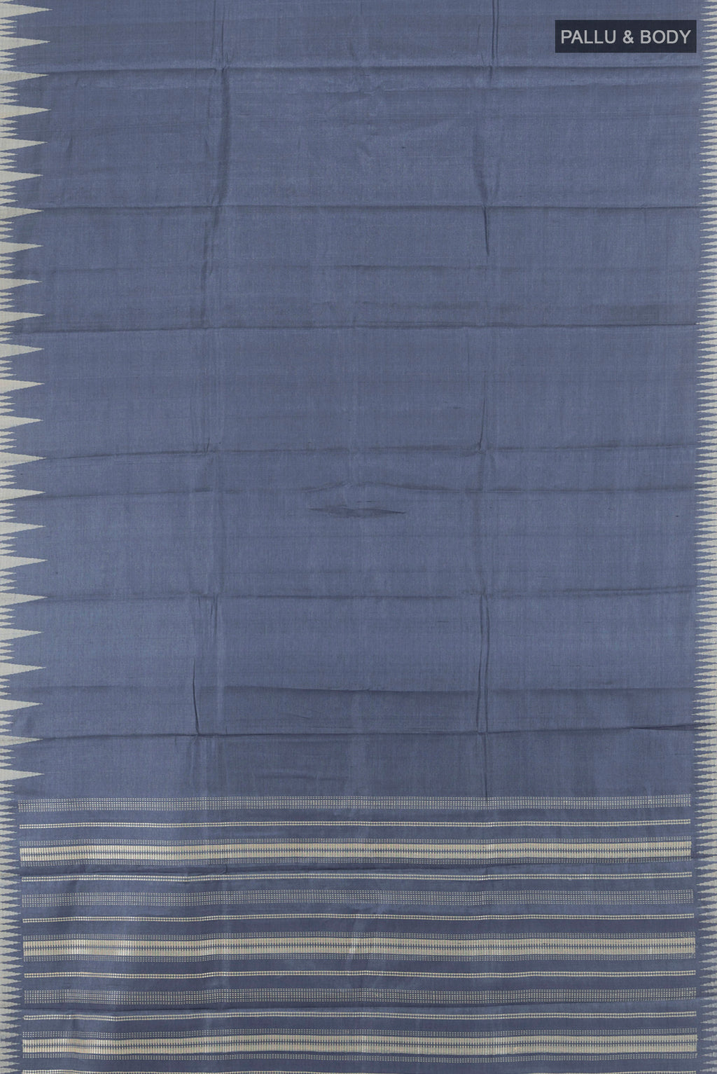Flat view of Navy Blue Tussar Silk Saree with Plain Body and Temple Border. 