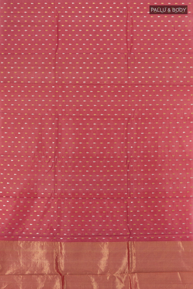 Flat view of Bronze Tussar Silk Saree with Zari Butta on the body and Silk Border. 