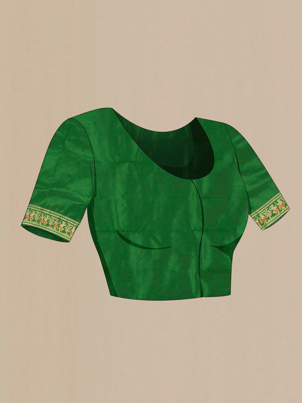 Close up image of the blouse of Bottle Green Baluchari Silk Saree with Zari Butta on the body and Silk Border. 