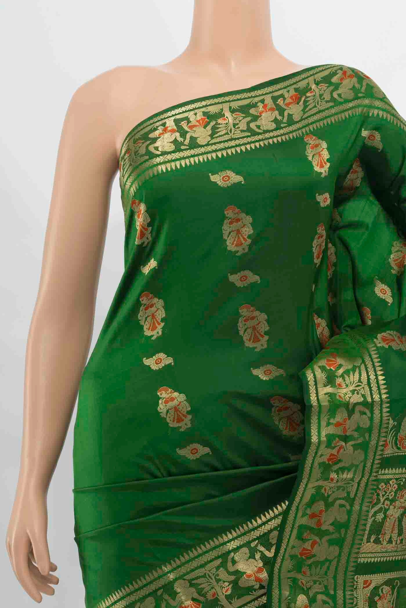 Border image of Bottle Green Baluchari Silk Saree with Zari Butta on the body and Silk Border. 