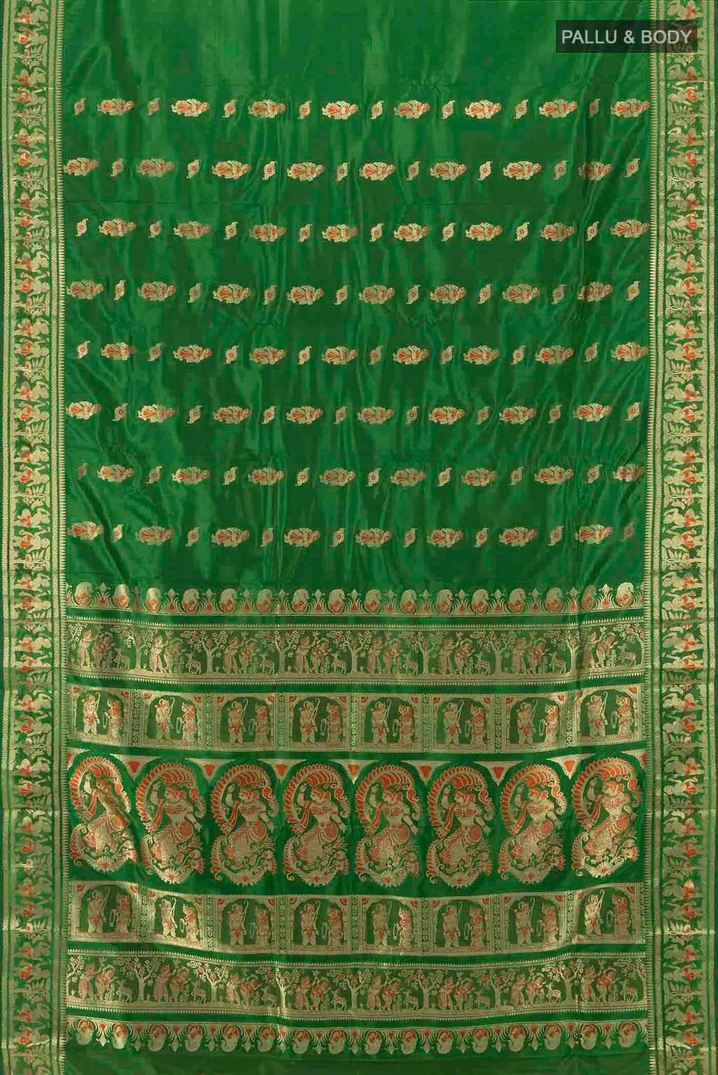 Flat view of Bottle Green Baluchari Silk Saree with Zari Butta on the body and Silk Border. 