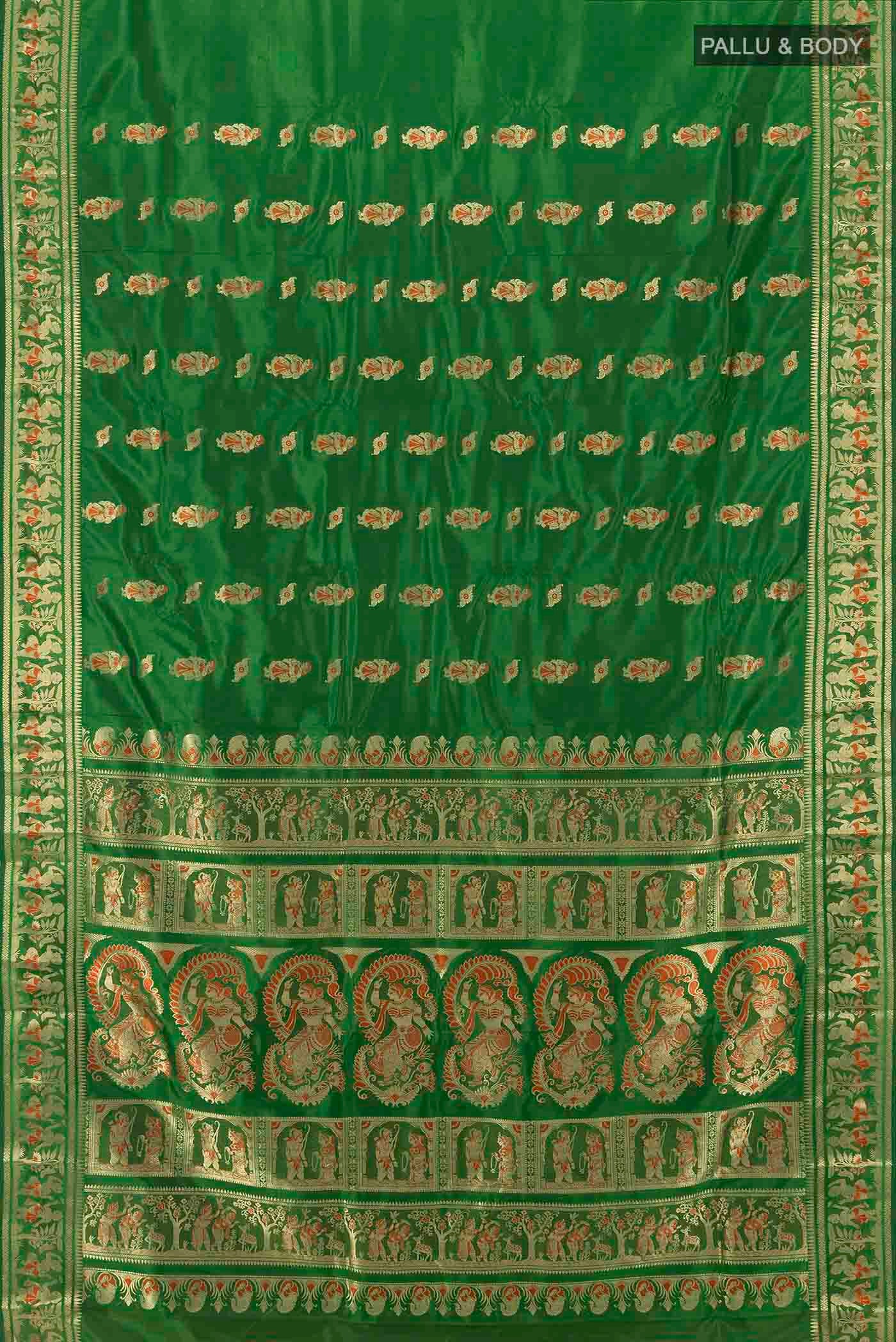 Flat view of Bottle Green Baluchari Silk Saree with Zari Butta on the body and Silk Border. 