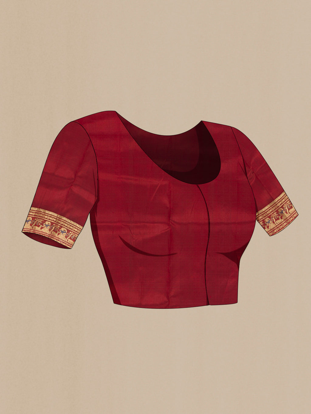 Close up image of the blouse of Maroon Baluchari Silk Saree with Zari And Thread Butta on the body and Zari Border. 