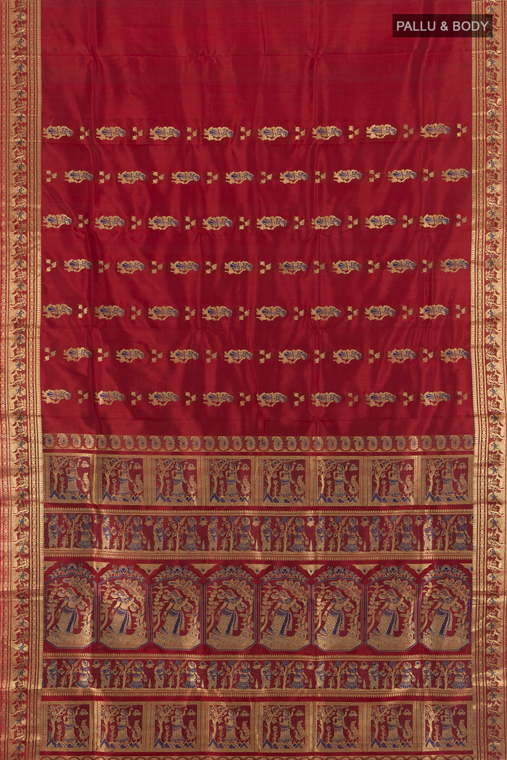 Flat view of Maroon Baluchari Silk Saree with Zari And Thread Butta on the body and Zari Border. 