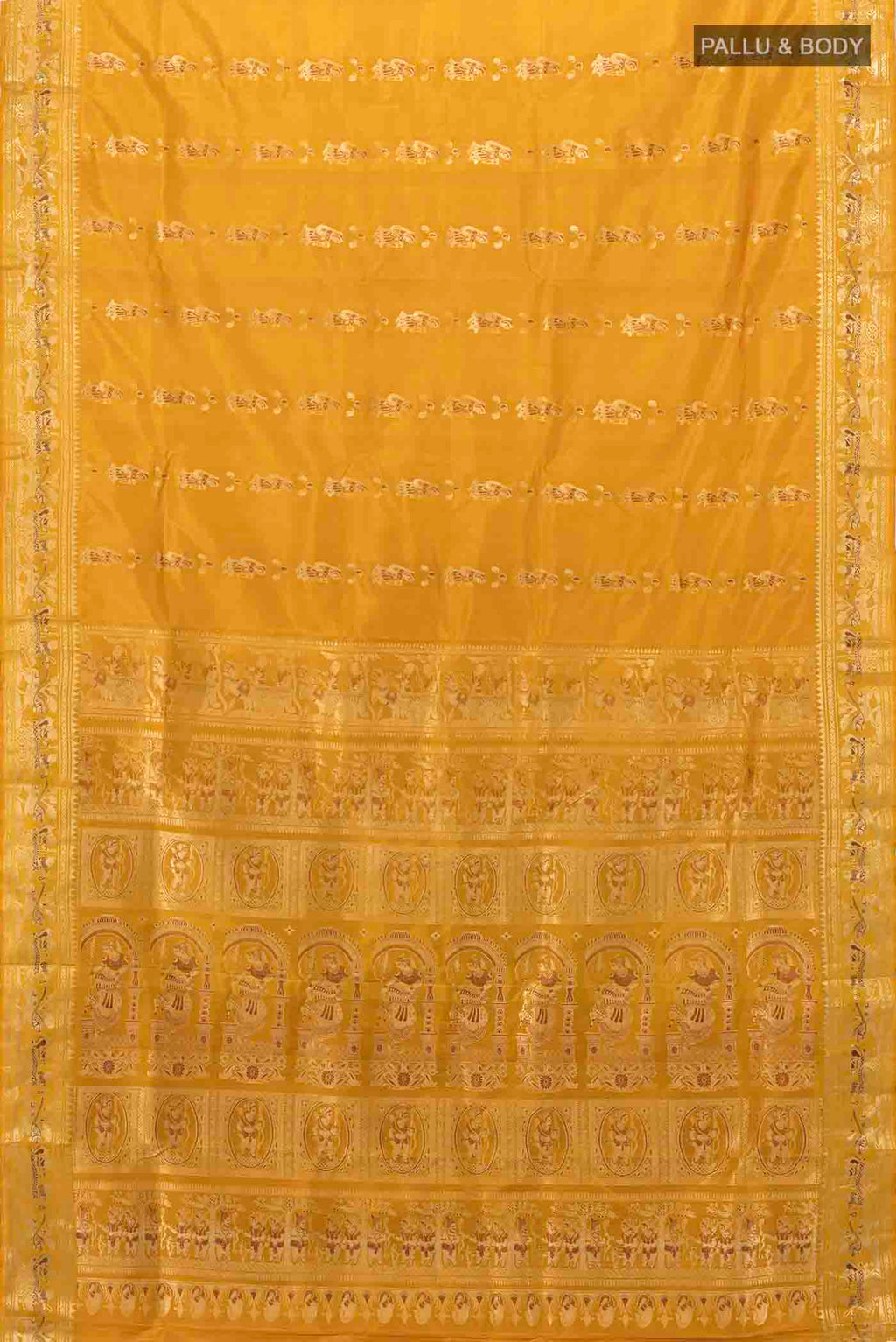 Flat view of Mustard Baluchari Silk Saree with Zari Butta on the body and Silk Border
