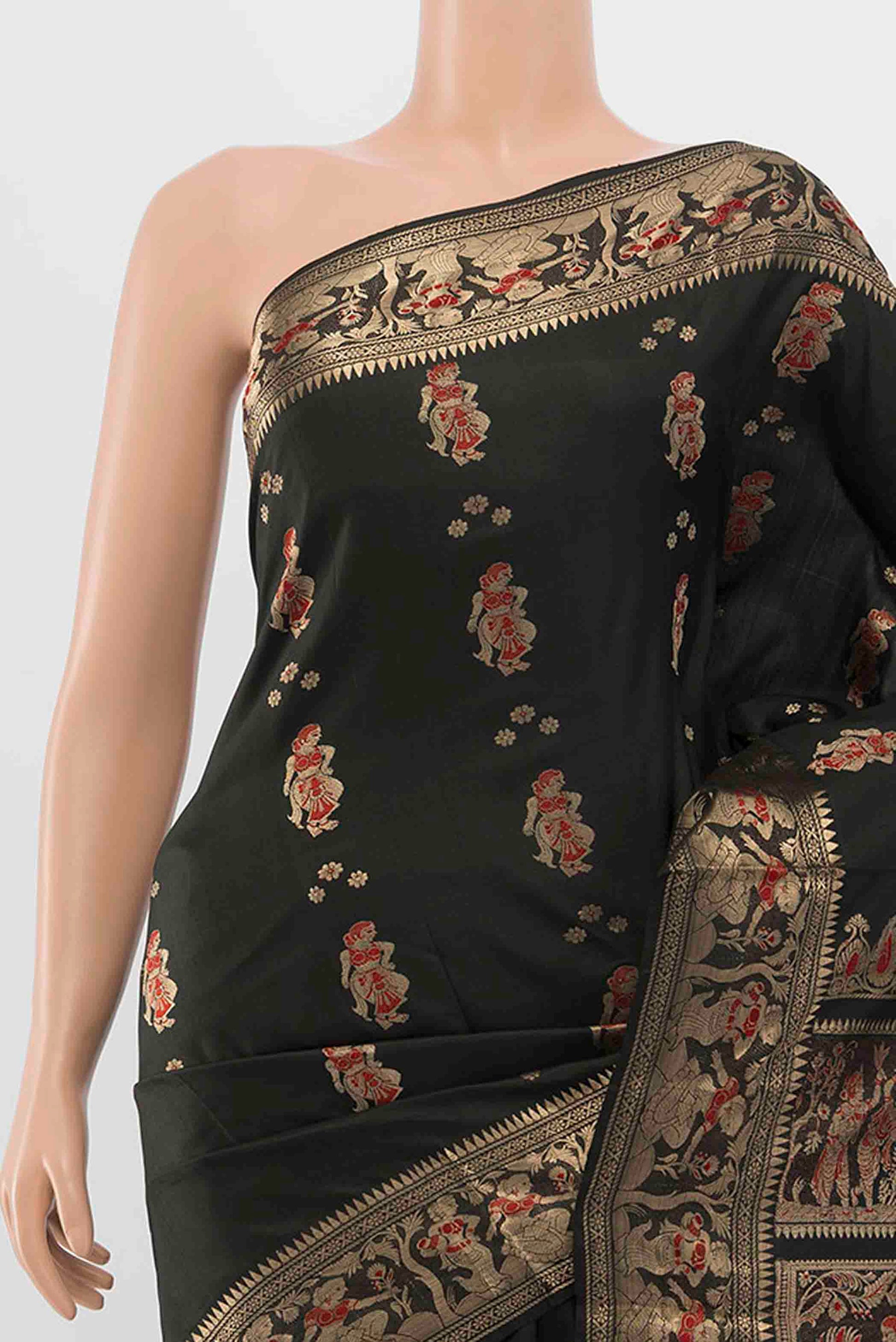 Border image of Black Baluchari Silk Saree with Zari And Thread Butta on the body and Zari Border