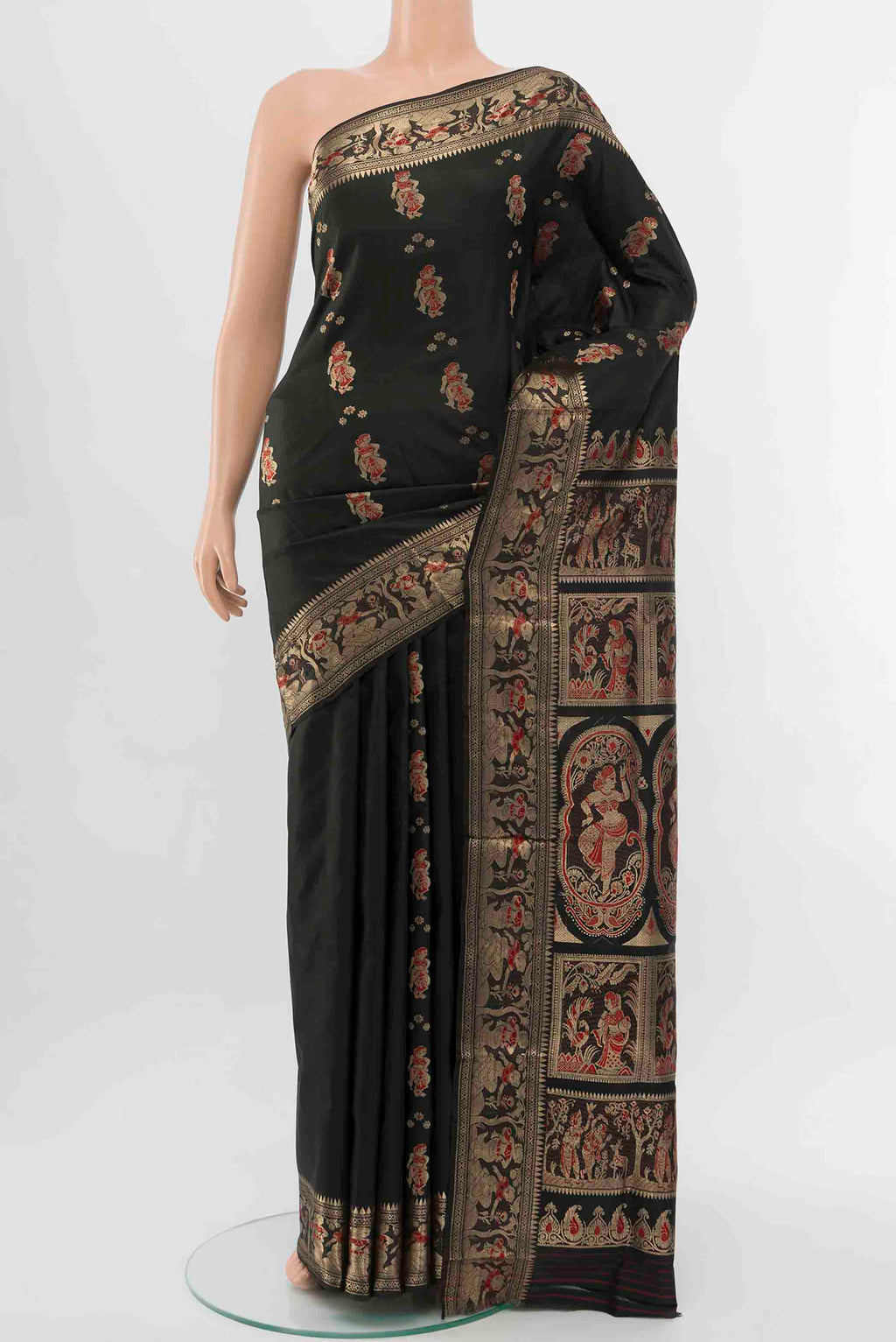 Black Baluchari Silk Saree with Zari And Thread Butta on the body and Zari Border displayed on a mannequin