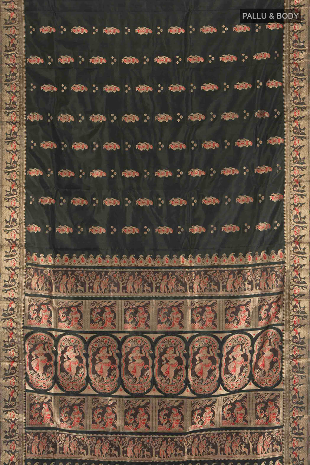 Flat view of Black Baluchari Silk Saree with Zari And Thread Butta on the body and Zari Border