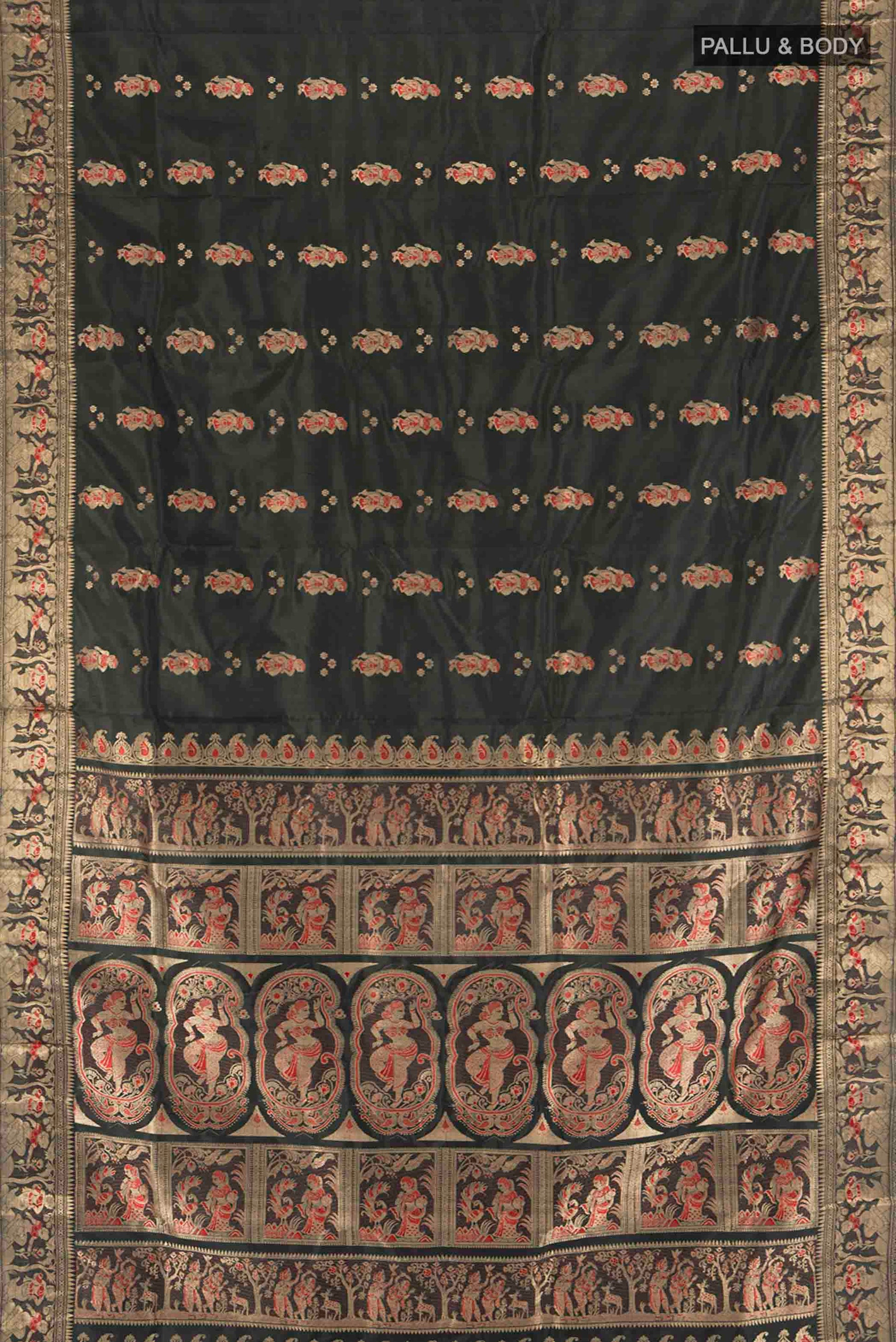 Flat view of Black Baluchari Silk Saree with Zari And Thread Butta on the body and Zari Border