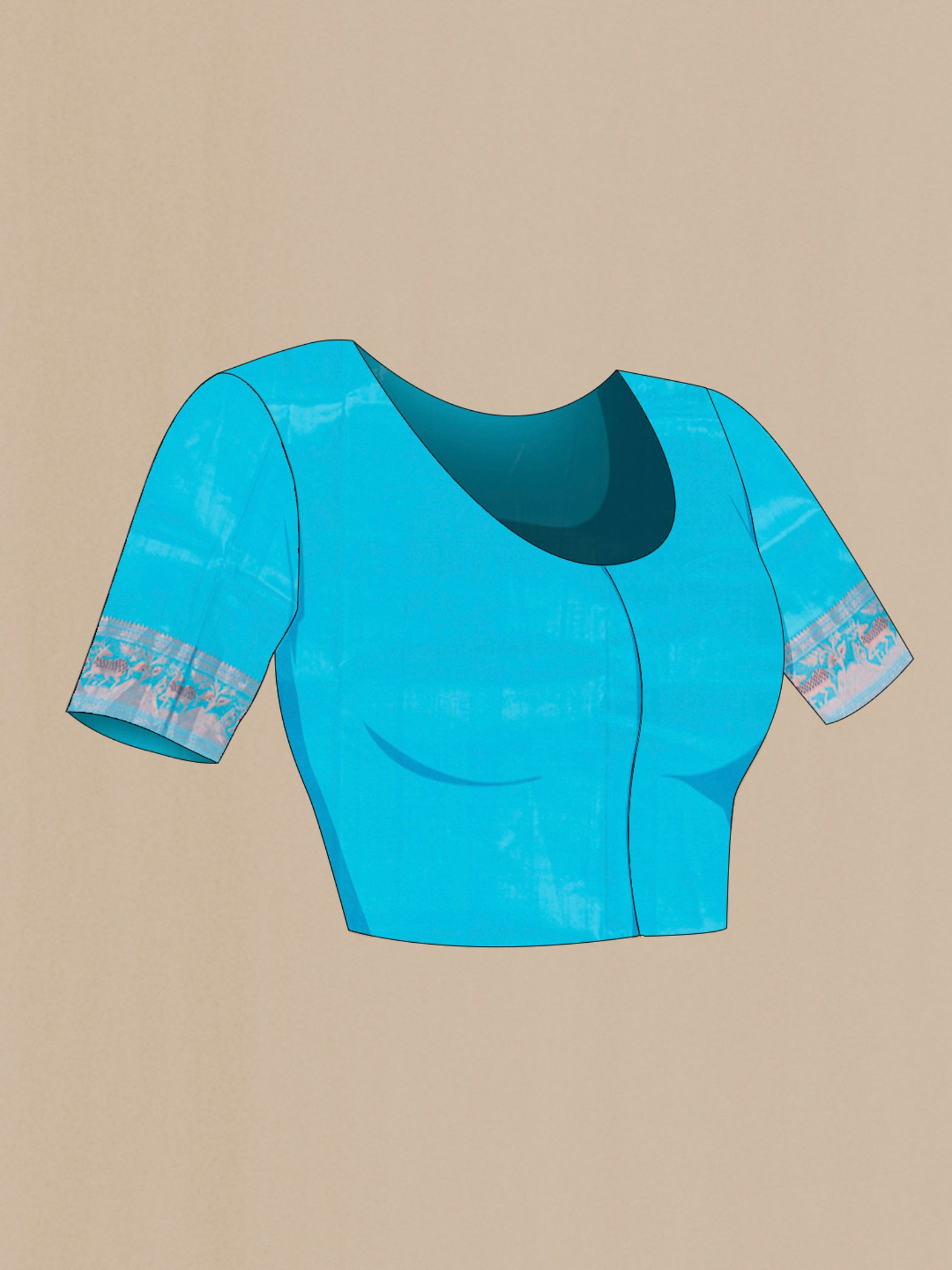 Close up image of the blouse of Light Blue Baluchari Silk Saree with Zari And Thread Butta on the body and Zari Border. 