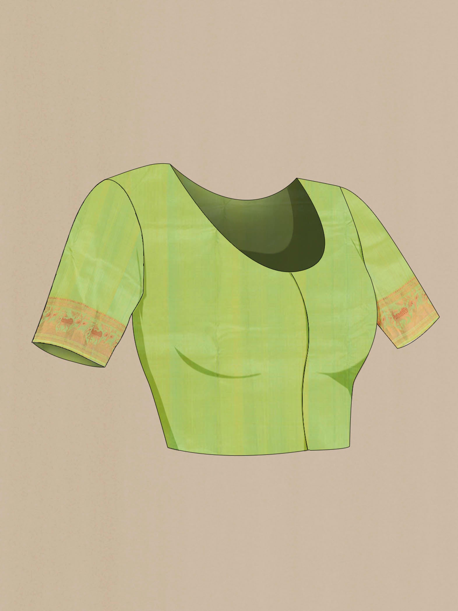 Close up image of the blouse of Pista Green Baluchari Silk Saree with Zari Brocade on the body and Silk Border