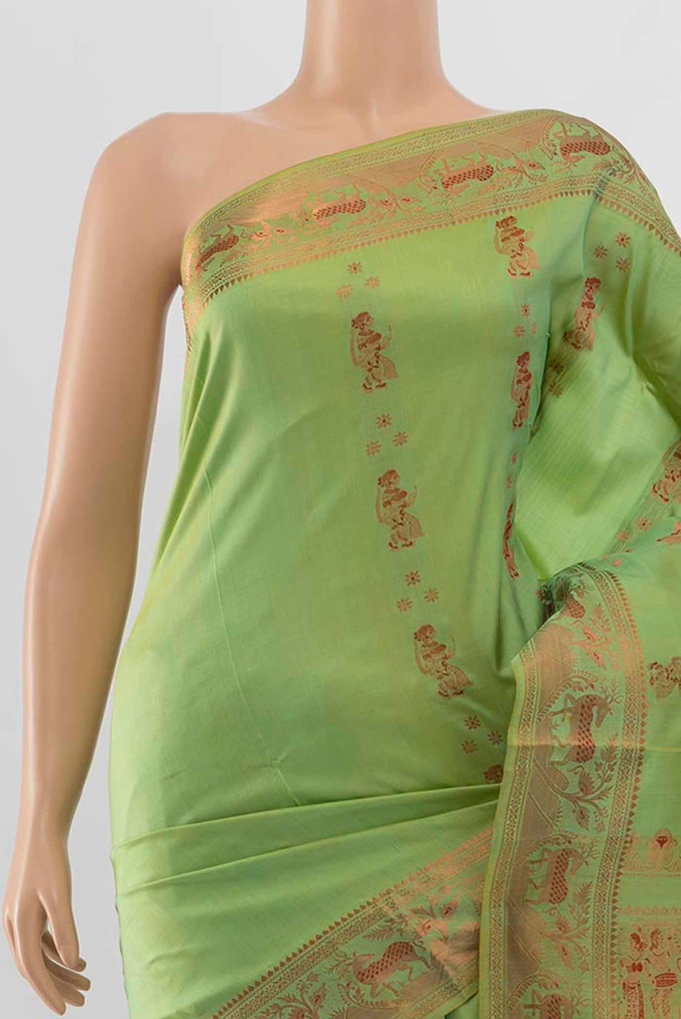 Border image of Pista Green Baluchari Silk Saree with Zari Brocade on the body and Silk Border