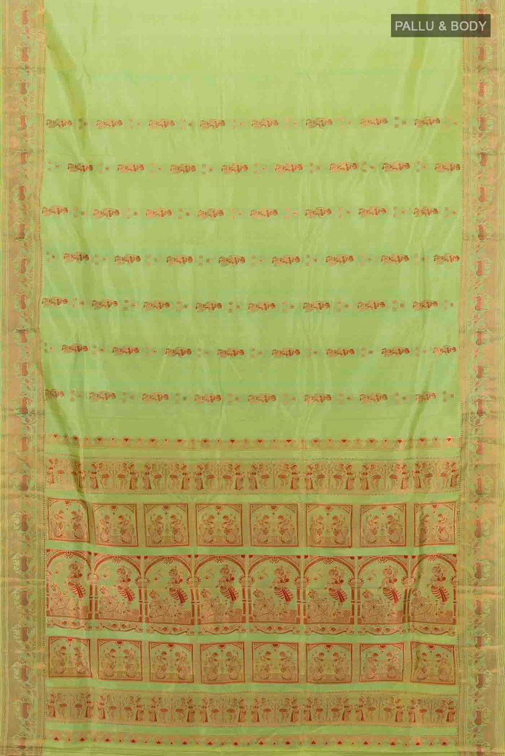 Flat view of Pista Green Baluchari Silk Saree with Zari Brocade on the body and Silk Border