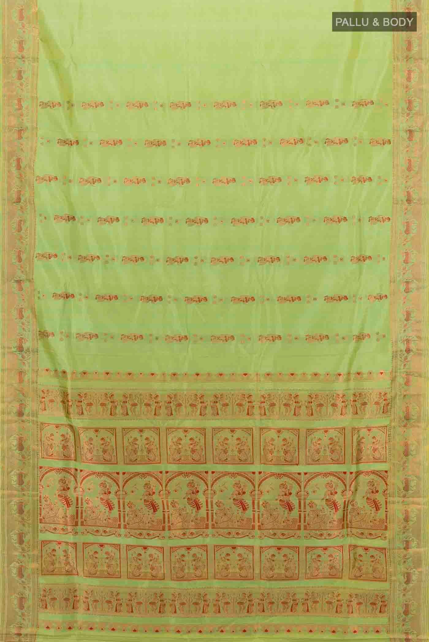Flat view of Pista Green Baluchari Silk Saree with Zari Brocade on the body and Silk Border
