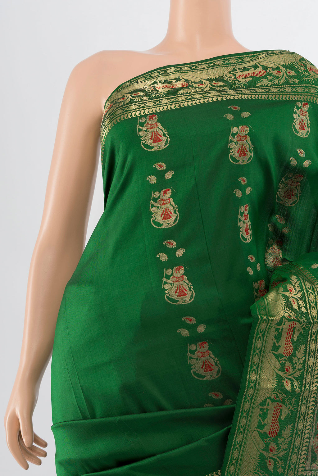 Border image of Bottle Green Baluchari Silk Saree with Zari Butta on the body and Silk Border. 