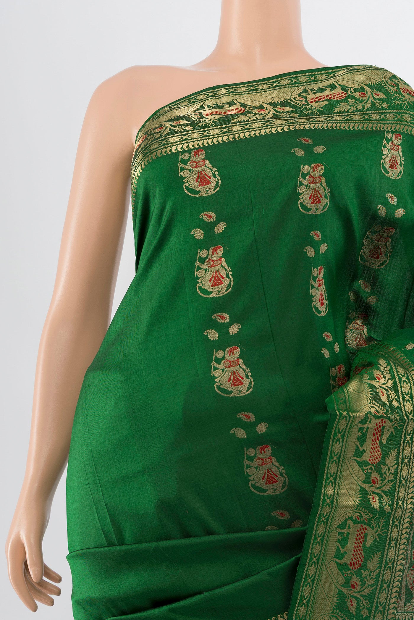 Border image of Bottle Green Baluchari Silk Saree with Zari Butta on the body and Silk Border. 