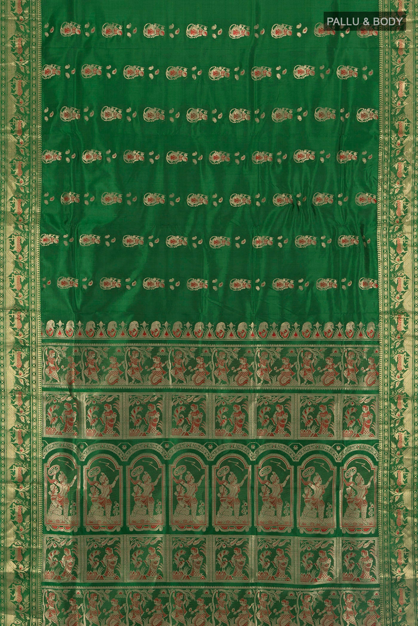Flat view of Bottle Green Baluchari Silk Saree with Zari Butta on the body and Silk Border. 