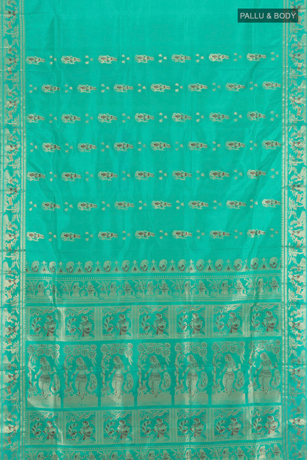 Flat view of Turquoise Baluchari Silk Saree with Zari And Thread Butta on the body and Zari Border. 