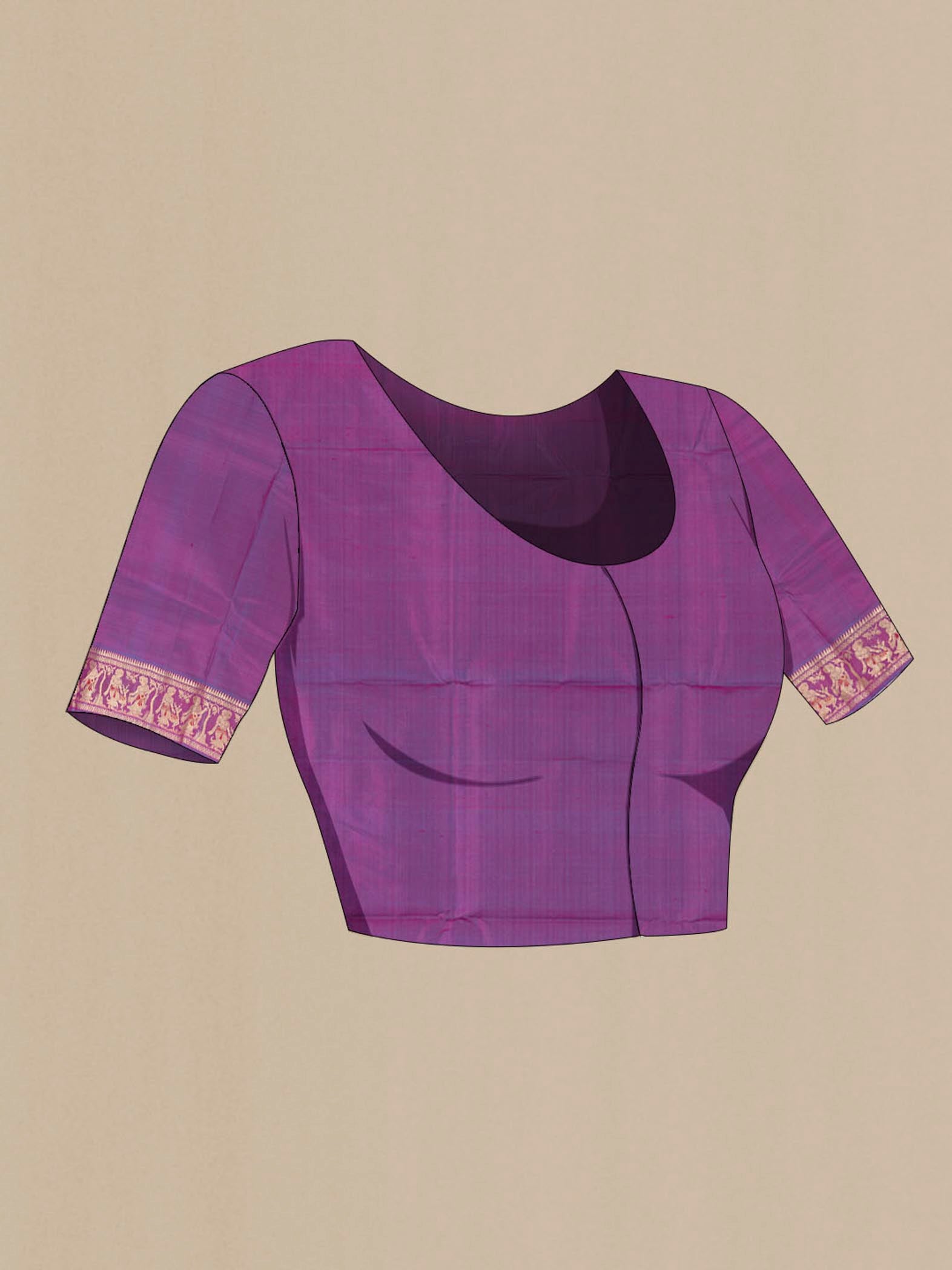 Close up image of the blouse of Purple Baluchari Silk Saree with Zari Butta on the body and Silk Border. 