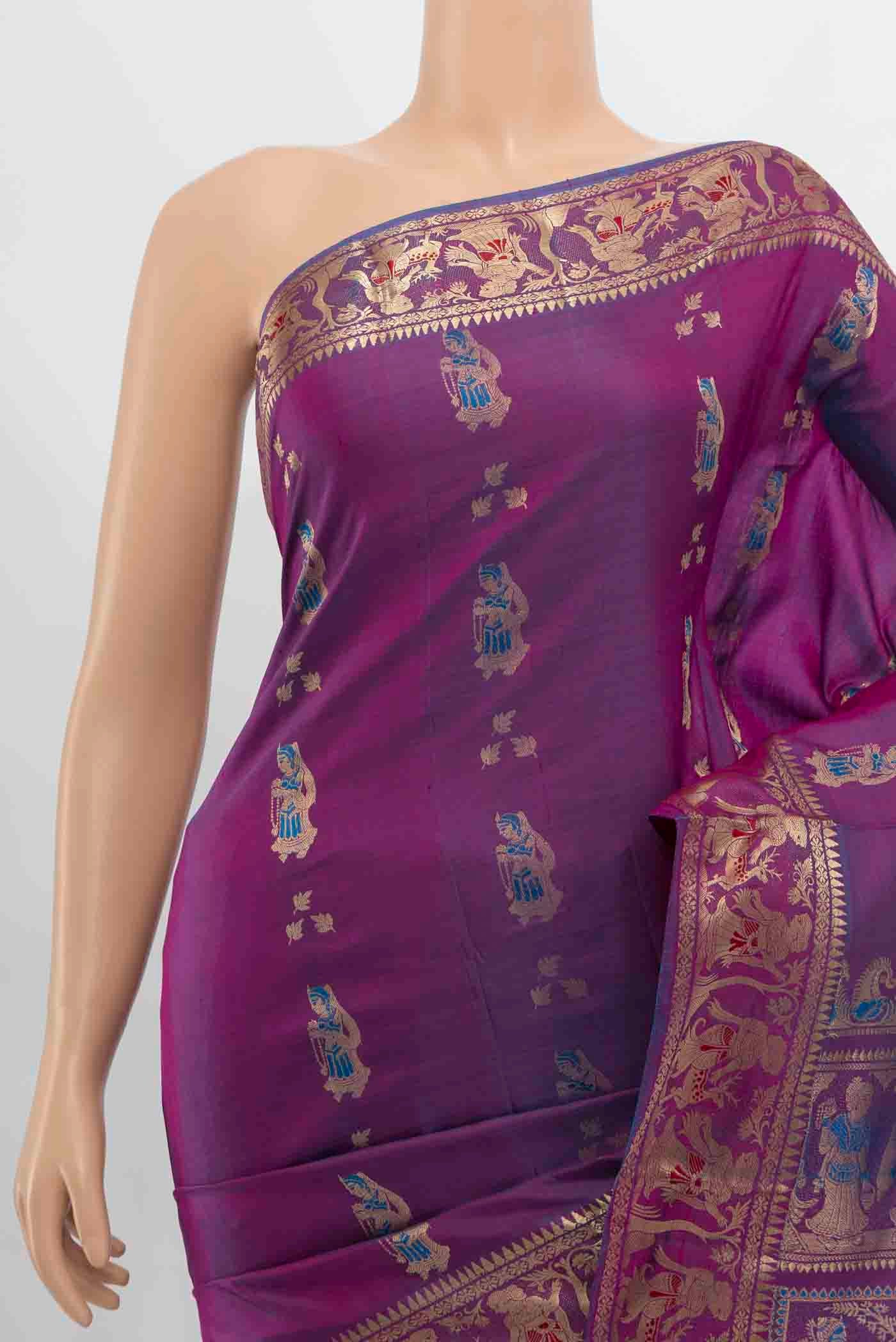 Border image of Purple Baluchari Silk Saree with Zari Butta on the body and Silk Border. 