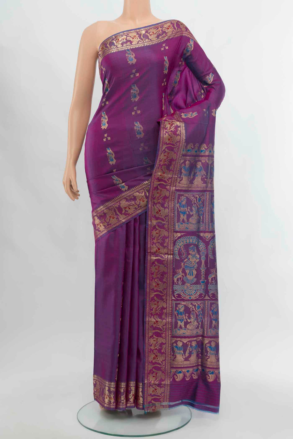 Purple Baluchari Silk Saree with Zari Butta on the body and Silk Border.  displayed on a mannequin