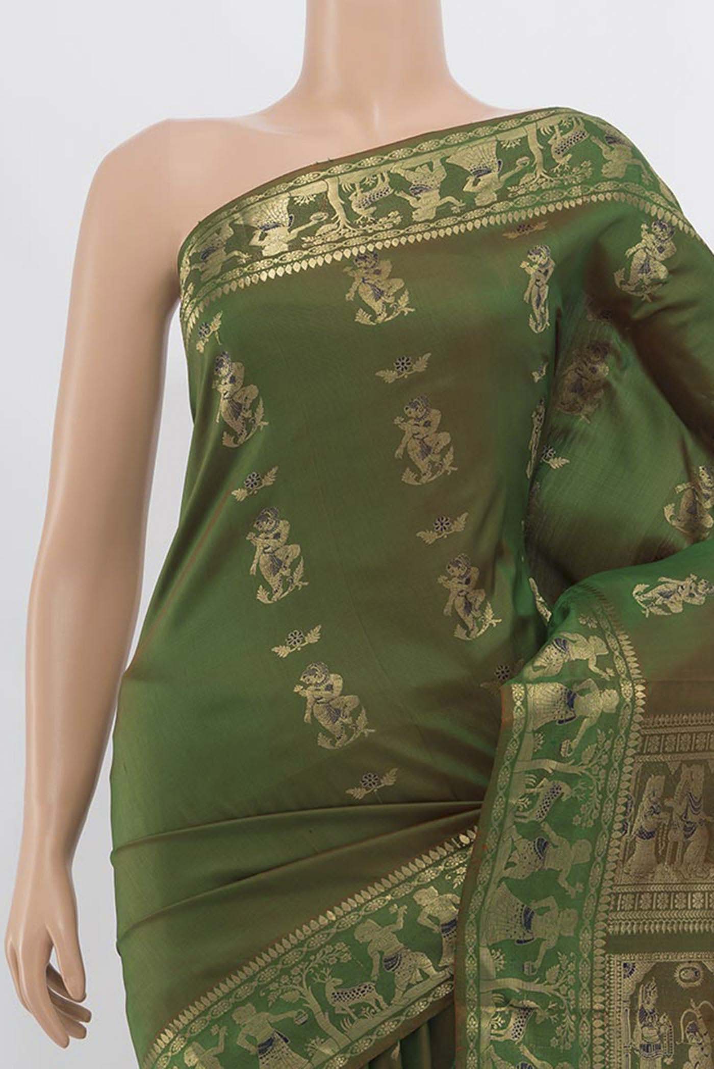 Border image of Mehandi Green Baluchari Silk Saree with Zari Butta on the body and Silk Border. 