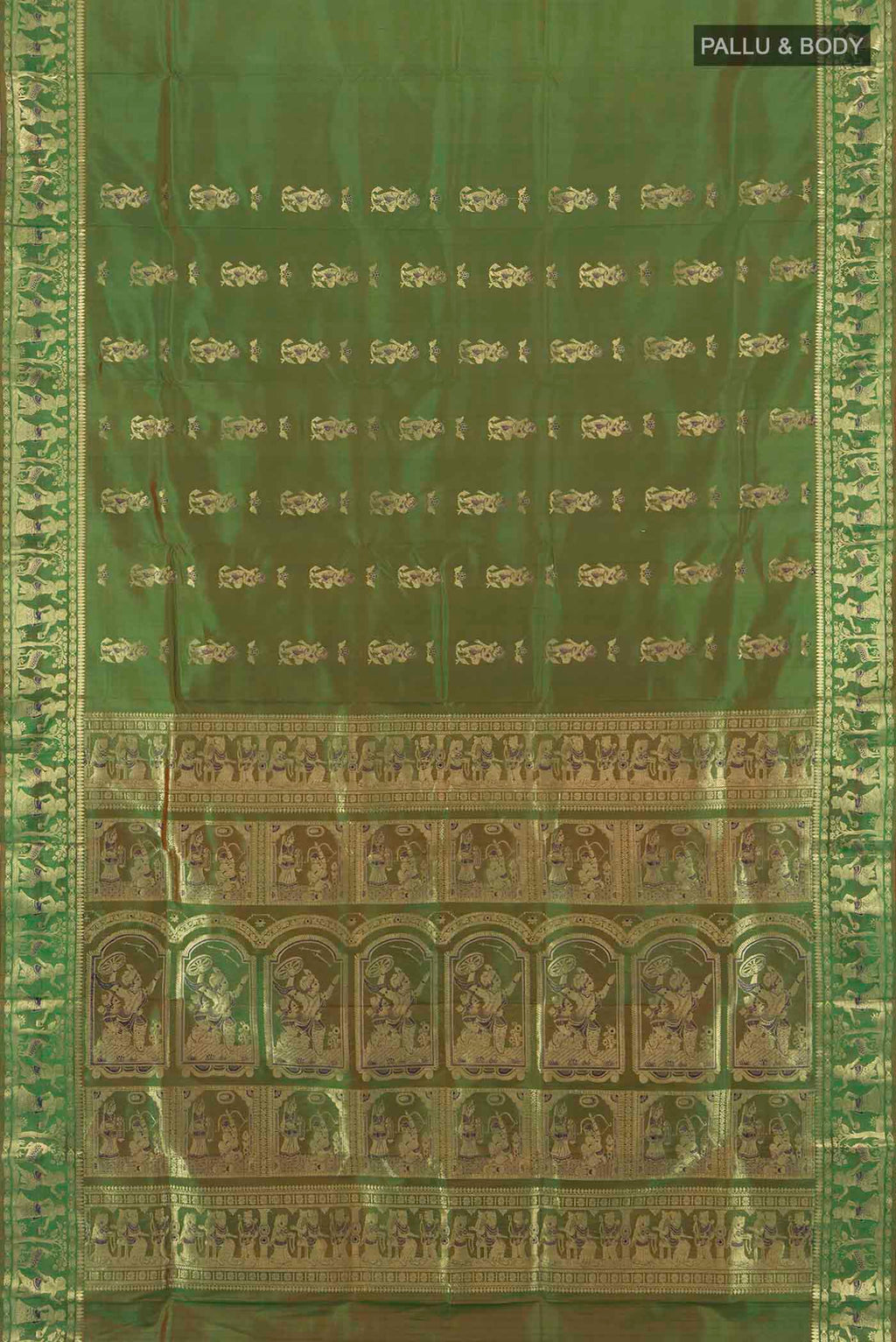 Flat view of Mehandi Green Baluchari Silk Saree with Zari Butta on the body and Silk Border. 