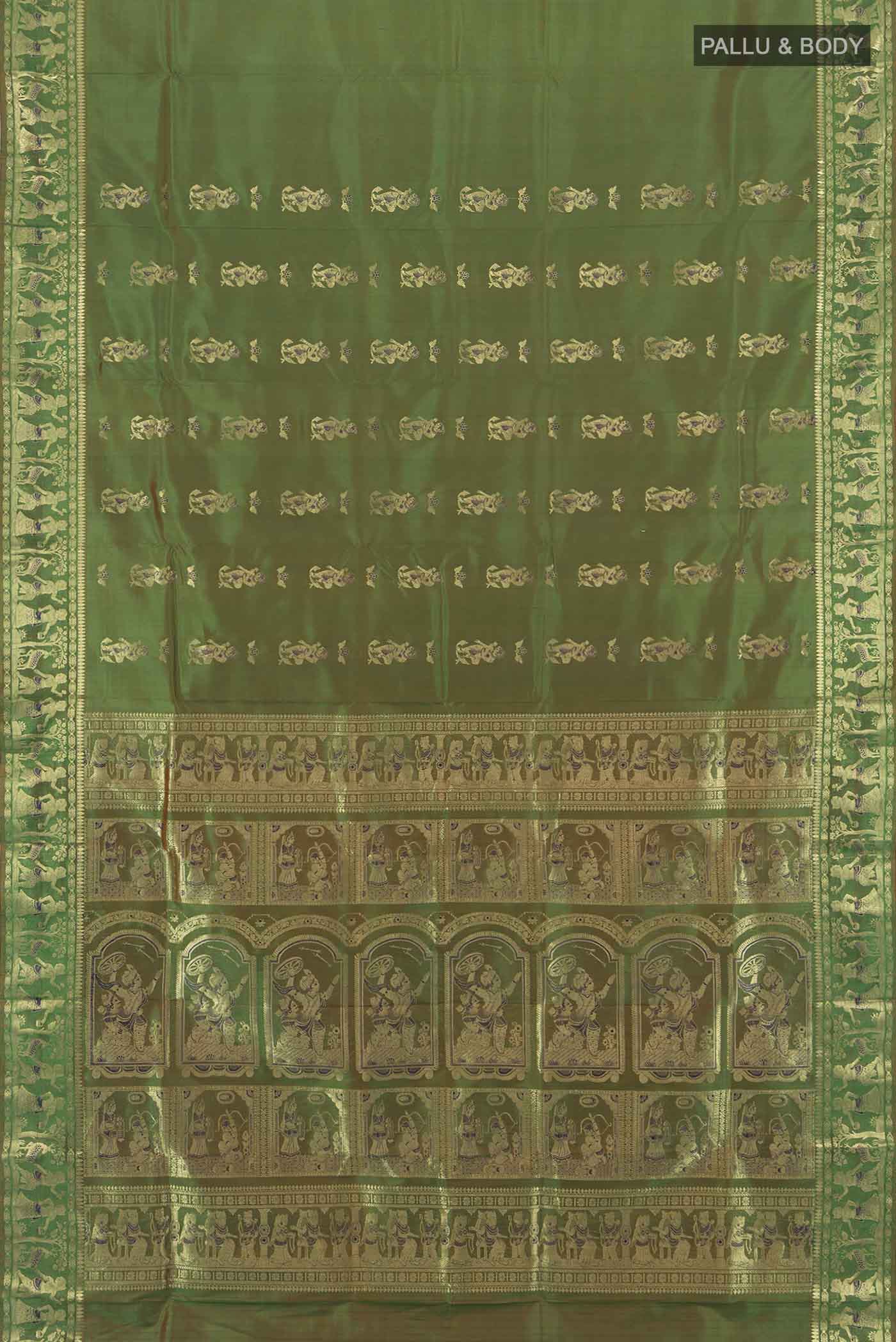 Flat view of Mehandi Green Baluchari Silk Saree with Zari Butta on the body and Silk Border. 
