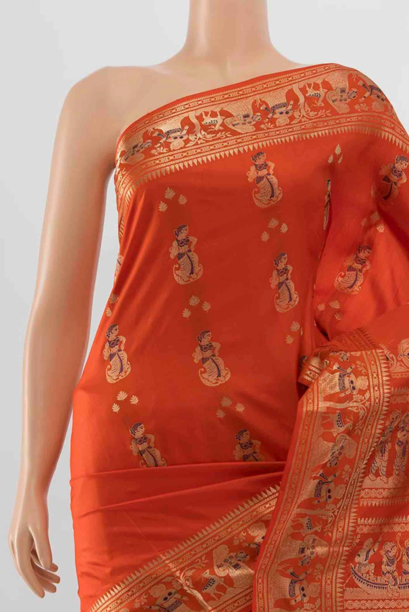 Border image of Brick Orange Baluchari Silk Saree with Zari Brocade on the body and Silk Border