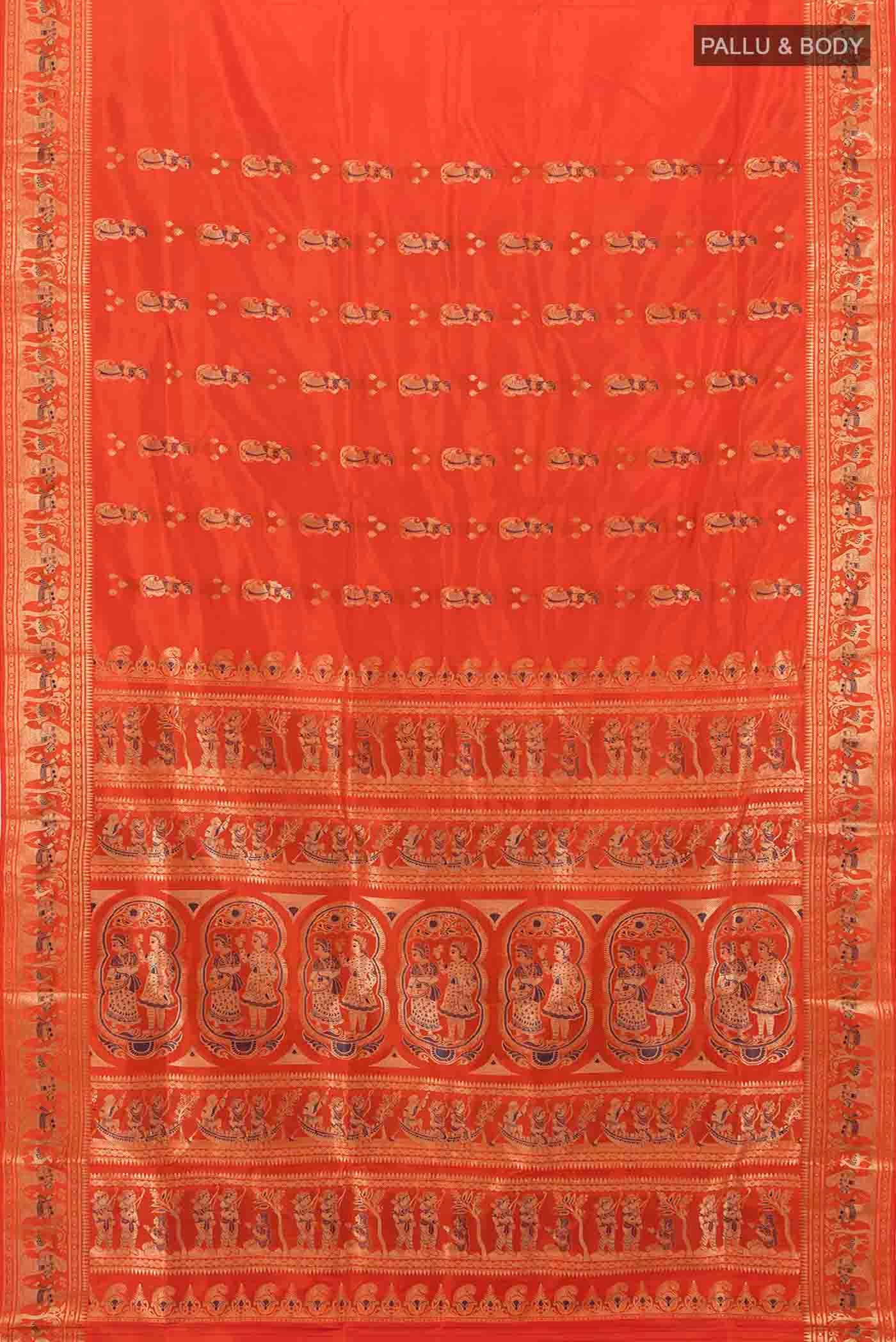 Flat view of Brick Orange Baluchari Silk Saree with Zari Brocade on the body and Silk Border